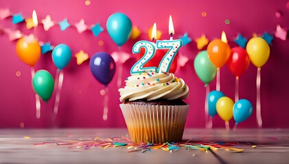 Birthday cupcake with burning lit candle with number 27. Number twentyseven for twentyseven years or twentyseventh anniversary.