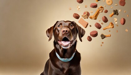 a sitting dog brown labrador and dog s food flying from above to its mouth on a beige background...