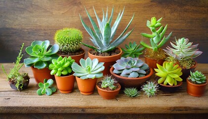 a selection of different types of succulents and indoor plants arranged on a wooden table symbolizing the idea of home plants and the nurturing of indoor succulents space left for additional objects