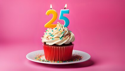 Birthday cupcake with burning lit candle with number 25. Number twentyfive for twentyfive years or...
