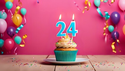 Birthday cupcake with burning lit candle with number 24. Number twentyfour for twentyfour years or twentyfourth anniversary.