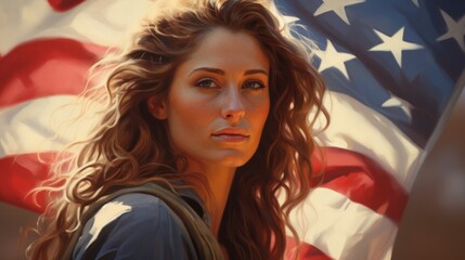 Fototapeta na wymiar Beautiful young woman under USA flag. Woman standing and holding American flag. Neural network AI generated art