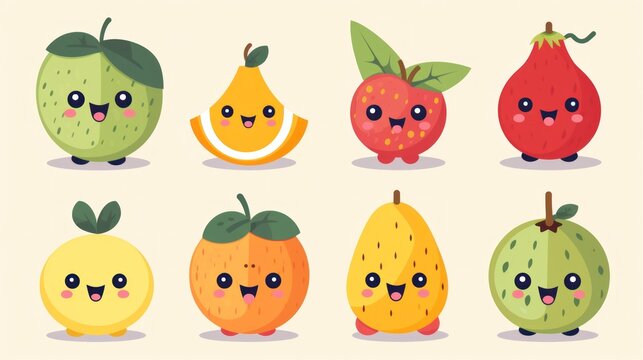 Cute cartoon fruits set. Kawaii characters emoji fruit, apple, peach, orange, pear and lemon, 3d style. Funny emotion food illustration for phone case, kids, package, sticker, patch