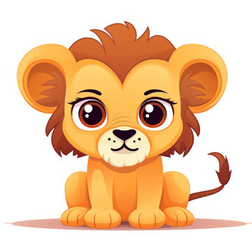 Cute 3D amusing little lion with big eyes kids cartoon illustration isolated. Funny lovely lion, hand drawn comic painting for package, postcard, brochure, book, greeting card