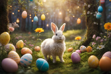 Easter bunny and easter eggs in green grass with flowers. Happy Easter. Generative AI - Powered by Adobe
