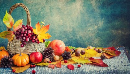 autumn background from fallen leaves and fruits with vintage pla - obrazy, fototapety, plakaty
