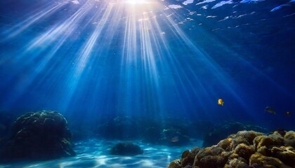 Fototapeta na wymiar abstract image of tropical underwater dark blue deep ocean wide nature background with rays of sunlight