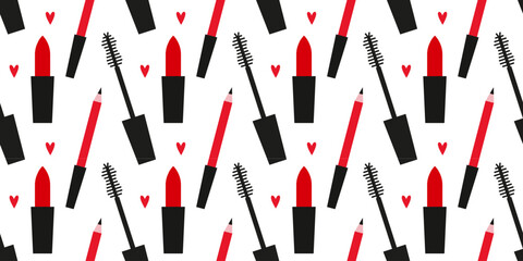 Pattern of makeup beauty cosmetic elements on white background.Cosmetic vector pattern.Seamless pattern of mascara and lipstick. Make-up product background design, repeating print with cosmetic