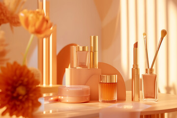  a display of cosmetic products with cosmetics and bru