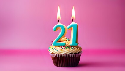 Fototapeta na wymiar Birthday cupcake with burning lit candle with number 21. Number twentyone for twentyone years or twentyfirst anniversary.