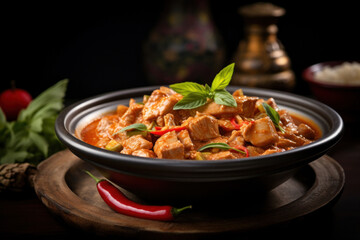Thai food, panang curry in bowl with pork.