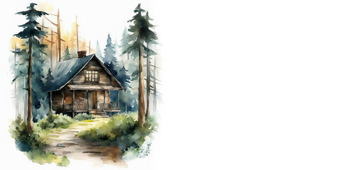 A nice house in the woods. watercolor illustration. artificial intelligence generator, AI, neural network image. background for the design.
