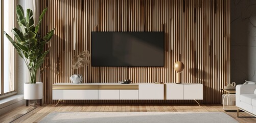 Ivory TV cabinet with gold accents on a wooden wall with modern slats.