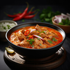 Thai food, panang curry in bowl with pork.