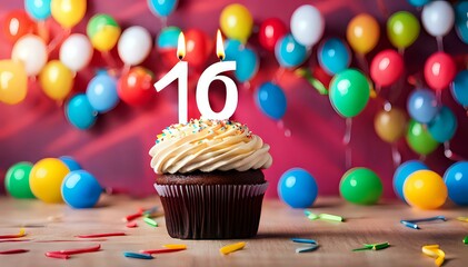 Birthday cupcake with burning lit candle with number 16. Number sixteen for sixteen years or sixteenth anniversary.