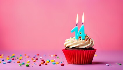Birthday cupcake with burning lit candle with number 14. Number fourteen for fourteen years or fourteenth anniversary. - obrazy, fototapety, plakaty