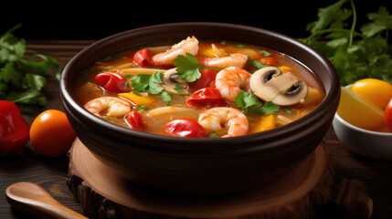 Tom Yam Kung, Prawn and lemon soup with mushrooms, Thai food in wooden bowl.