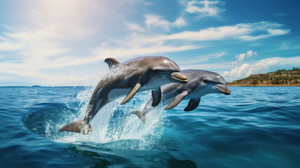 Two dolphins jumping out of the water.