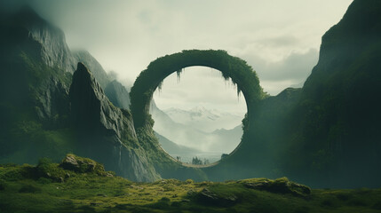 Beautiful round nature green lash arch in mountain forest park, concept mother nature path - obrazy, fototapety, plakaty
