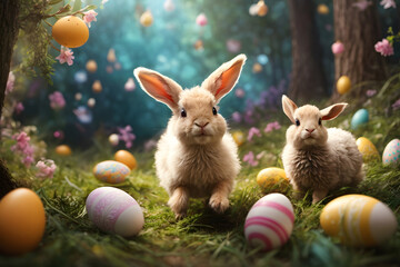 Fototapeta na wymiar Easter bunny and easter eggs in green grass with flowers. Happy Easter. Generative AI
