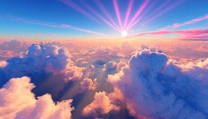 beautiful aerial view above clouds at sunset beautiful cloudscape with blue sky and pink clouds 3d illustration - obrazy, fototapety, plakaty
