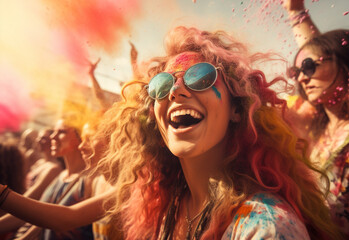 Obraz premium Crazy hipster girls. Happy youth party. Optimist. Spring vibes. positive and cheerful. colorful neon paint makeup. children with body art. Girls with colorful hair and face enjoying in the moment.