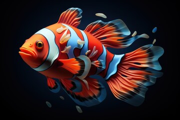Beautiful Clownfish, An image of a clownfish nestled among the tentacles of a sea anemone, orange clownfish hides in a beautiful anemone,  Ai generated - obrazy, fototapety, plakaty