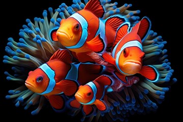 Orange clownfish hides in a beautiful anemone, Beautiful Clownfish, An image of a clownfish nestled among the tentacles of a sea anemone Ai generated - obrazy, fototapety, plakaty