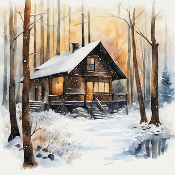 A nice house in the woods. watercolor illustration. artificial intelligence generator, AI, neural network image. background for the design.