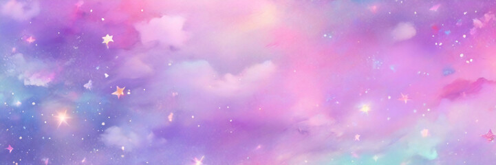 Bokeh sky background. Light pink pastel galaxy abstract wallpaper with glitter stars. Fantasy space with sparkles. Holographic fantasy rainbow unicorn background with clouds and stars.