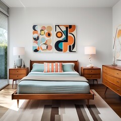 Mid-century modern bedroom with retro furniture and geometric patterns