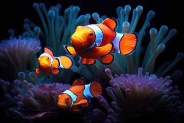 Obraz na płótnie Canvas Orange clownfish hides in a beautiful anemone, Beautiful Clownfish, An image of a clownfish nestled among the tentacles of a sea anemone Ai generated