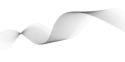 Flowing dots particles wave pattern 3D curve halftone black gradient curve shape isolated on white background. Vector in concept of technology, science, music, modern black background wave