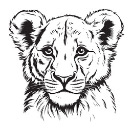 Little lion cub portrait hand drawn sketch illustration, Wild animals
