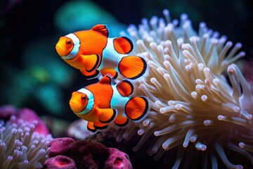 Naklejka na ściany i meble Beautiful Clownfish, An image of a clownfish nestled among the tentacles of a sea anemone Ai generated
