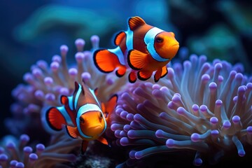 Obraz na płótnie Canvas Beautiful Clownfish, An image of a clownfish nestled among the tentacles of a sea anemone Ai generated