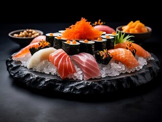 Black stone plate with a lot of different sushi