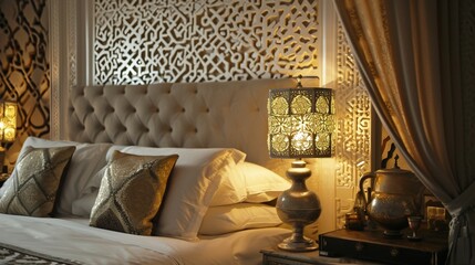 Luxurious Moroccan Silver Table Lamp, golden glow in white setting, taupe velvet bed, and abstract-patterned wall.
