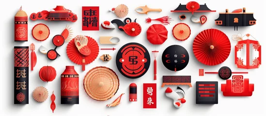 Fotobehang Happy Chinese . Flat lay festival decorations, mandarins, flowers, envelopes on red background. © MUCHIB
