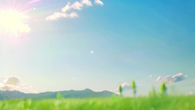 green grass on blue clear sky spring blurred background