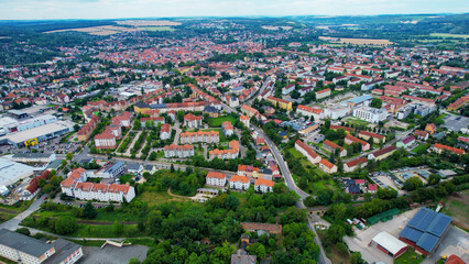 Aerial view of the city Naumburg in Germany on a sunny spring day