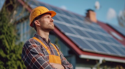 Obraz premium Portrait of a male european engineer in font of solar panel