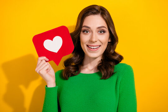 Photo of lovely cute cheerful woman wear trendy green clothes hand hold heart shape poster isolated on yellow color background