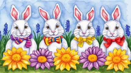 Watercolor painting of white bunnies with colorful scarves among spring flowers.