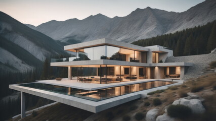 Modern minimalist concrete and glass house with pitched roof in mountains