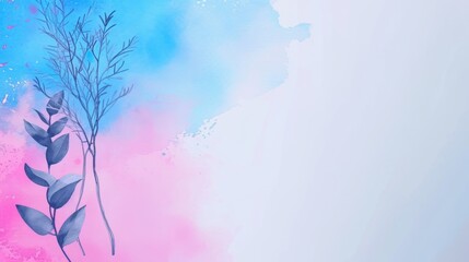 Watercolor background with blue and pink gradients and a silhouette of leaves.