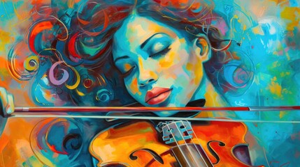 Beautiful woman playing the violin. Oil painting on canvas. Colorful background.