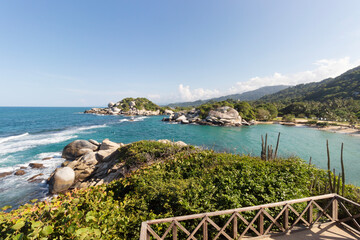 The landscape of tayrona national park viewed from the famous roustic hut viewpoint located at Cabo San Juan Beach