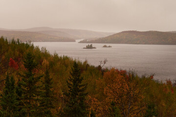 View of the Kamaniskeg lake and the coming rain from the kamaniskeg lake lookout