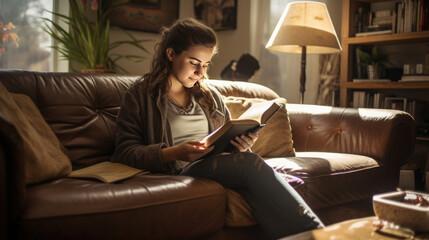 Obraz premium A young woman enjoying the reading of a book on a couch in living room.